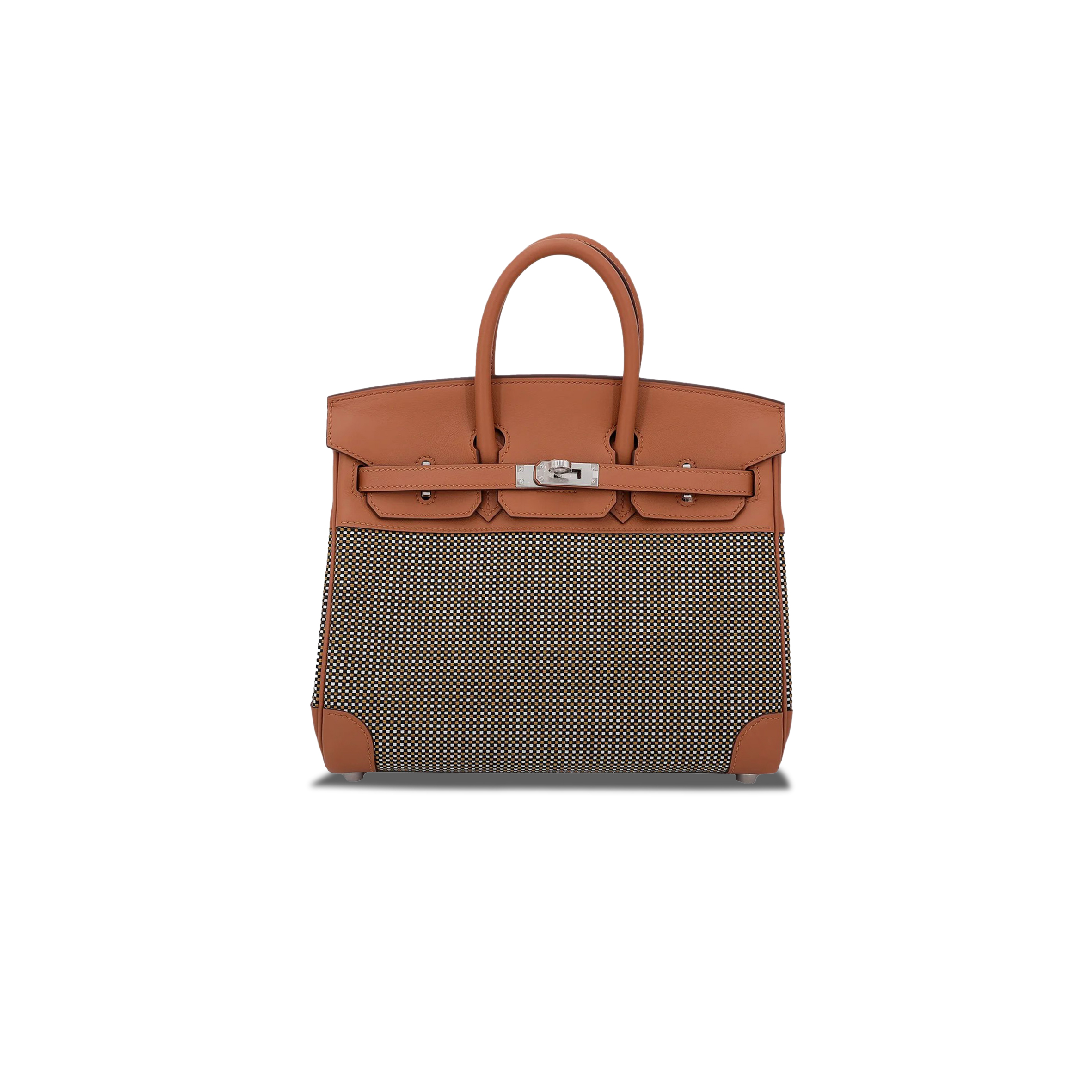 H**mes master birkin 25 quadrille brown canvas leather silver buckle platinum bag 10093061 (25*20*13cm)